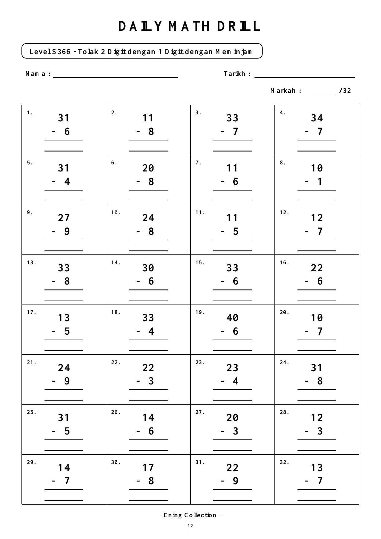 Daily Math Drill – BOOK 14: Tolak Nombor 2 Digit Dengan Meminjam (PDF) - Image 2