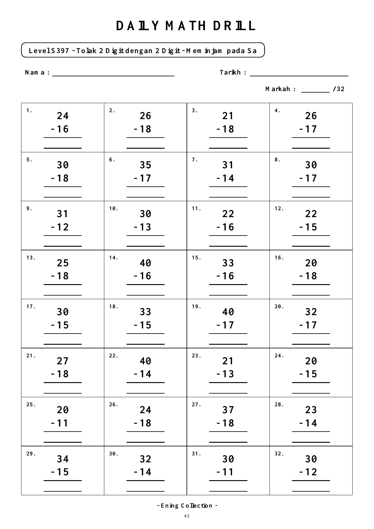 Daily Math Drill – BOOK 14: Tolak Nombor 2 Digit Dengan Meminjam (PDF) - Image 3