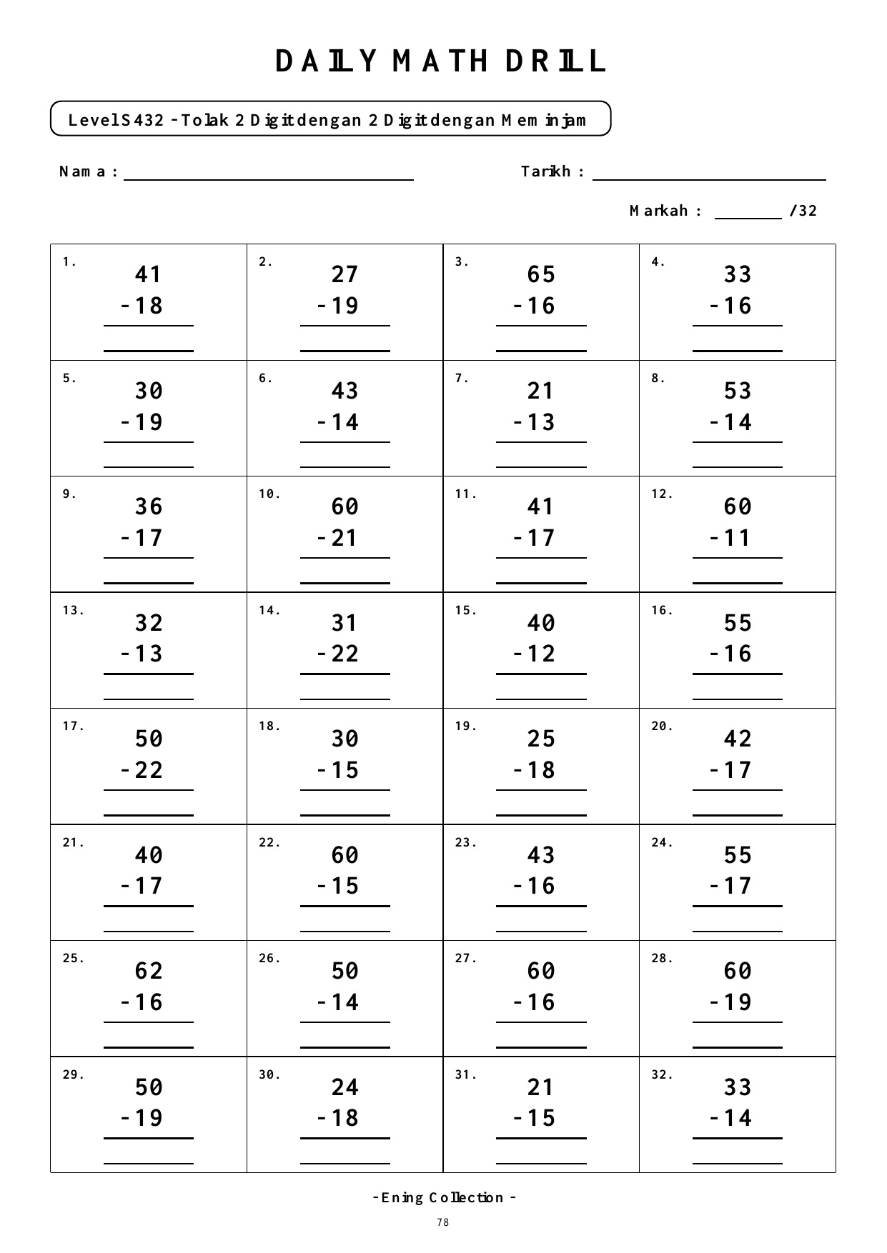 Daily Math Drill – BOOK 14: Tolak Nombor 2 Digit Dengan Meminjam (PDF) - Image 4