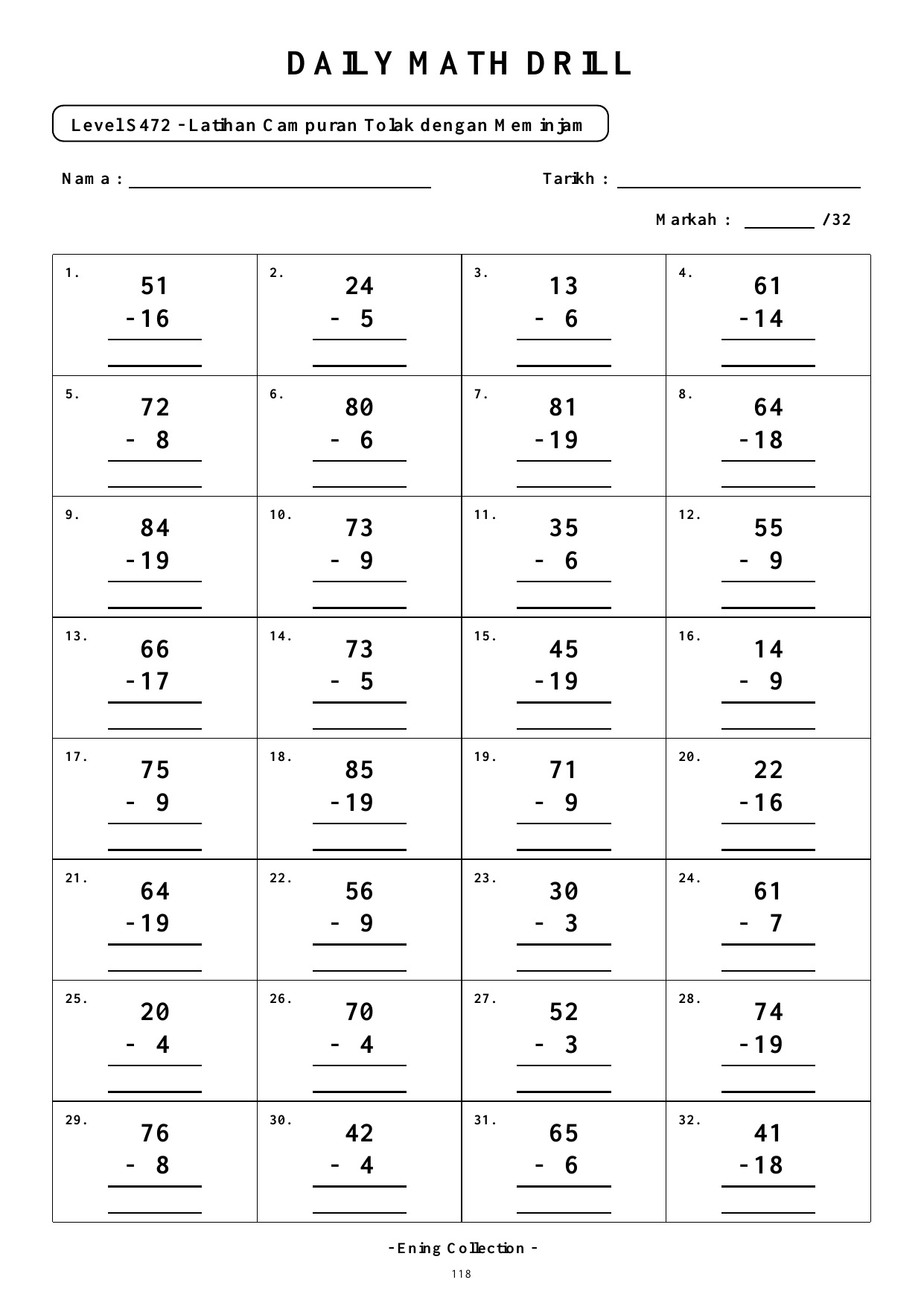 Daily Math Drill – BOOK 14: Tolak Nombor 2 Digit Dengan Meminjam (PDF) - Image 5