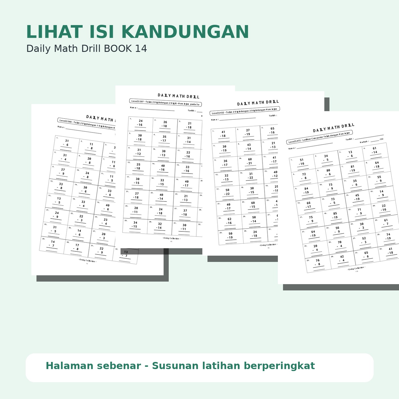 Daily Math Drill – BOOK 14: Tolak Nombor 2 Digit Dengan Meminjam (PDF)