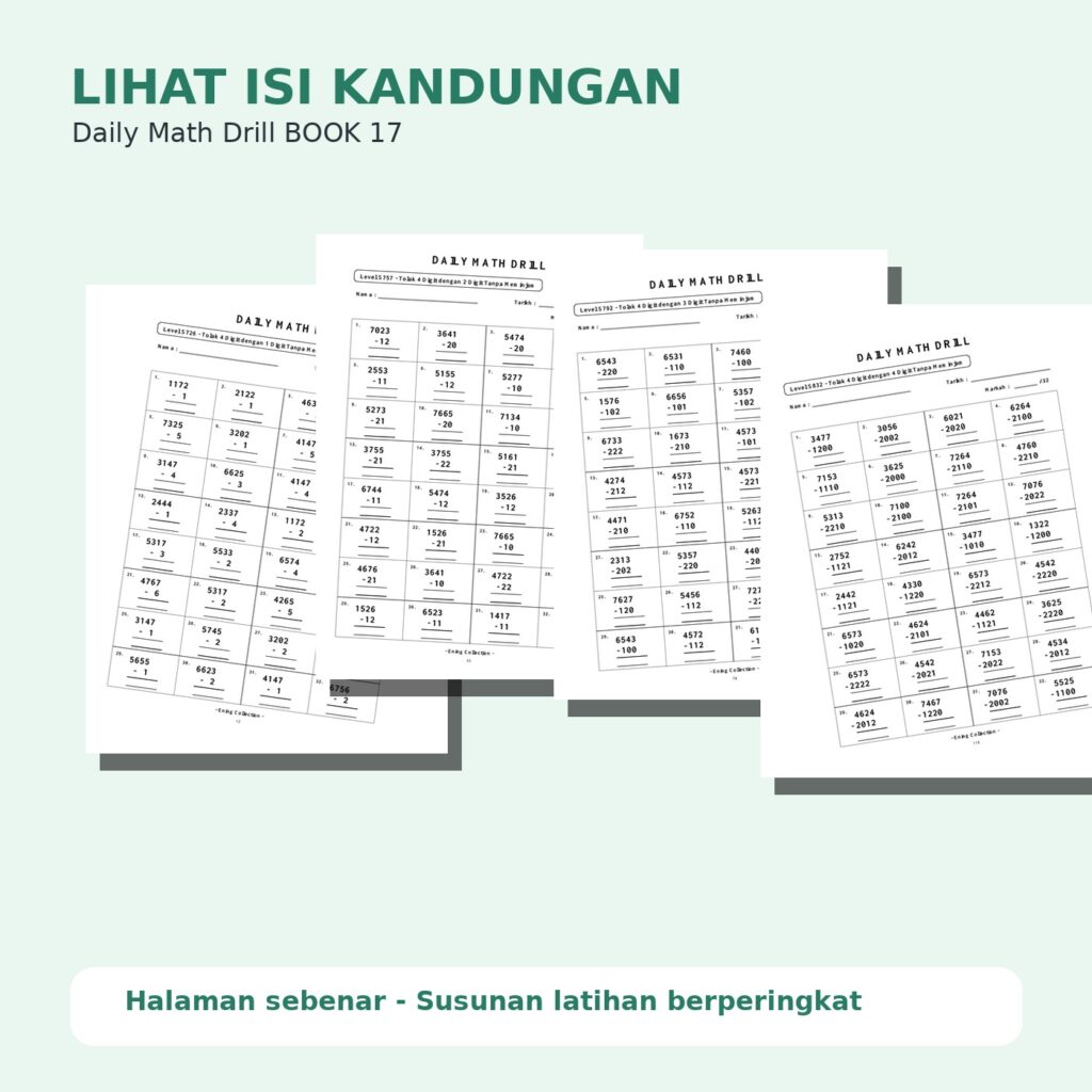 Daily Math Drill – BOOK 17: Tolak Nombor 4 Digit Tanpa Meminjam (PDF)