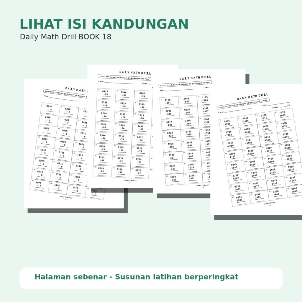Daily Math Drill – BOOK 18: Tolak Nombor 4 Digit Dengan Meminjam (PDF)