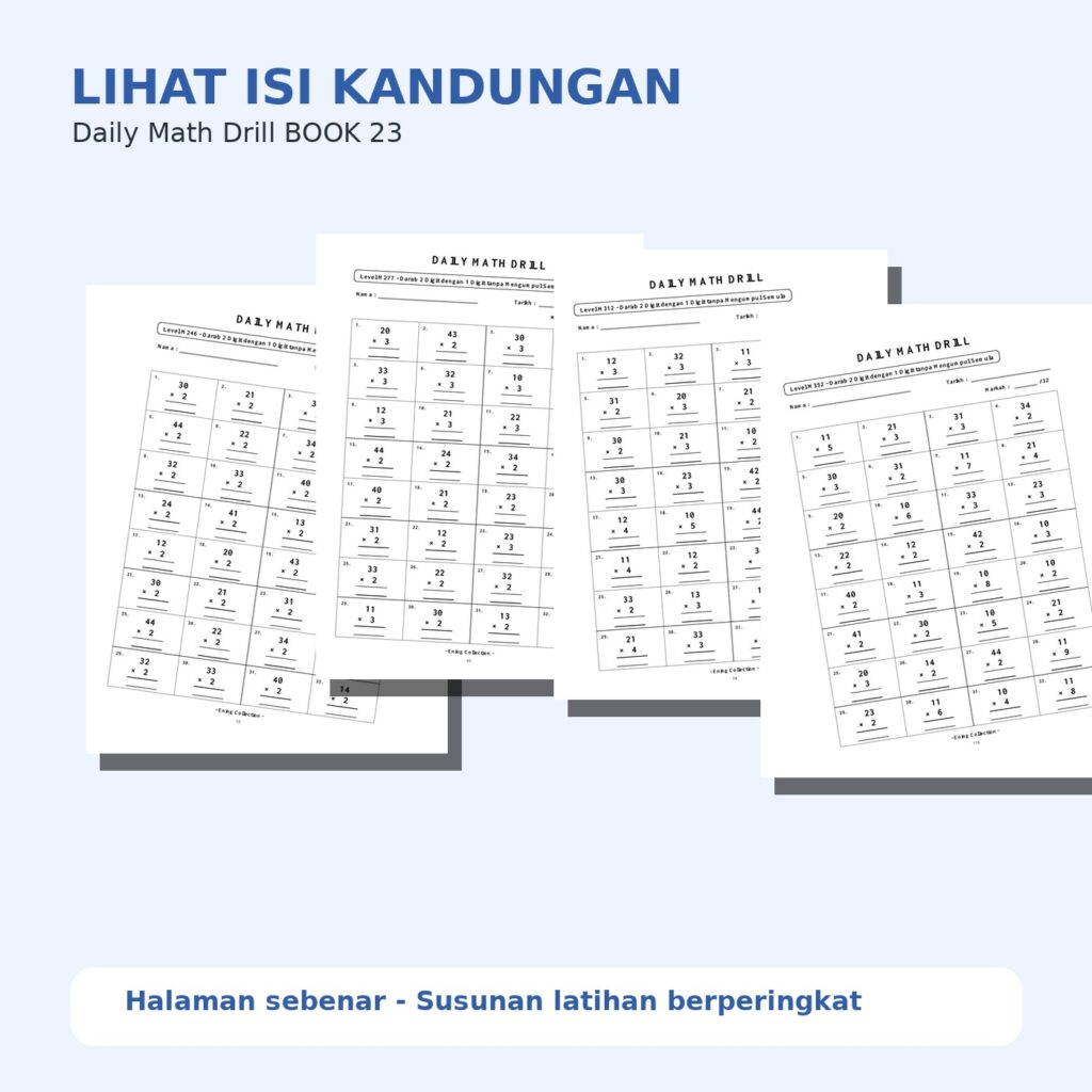 Daily Math Drill – BOOK 23: Darab Nombor 2 Digit Tanpa Mengumpul Semula (PDF)