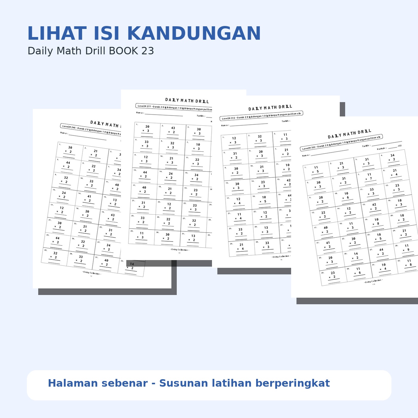 Daily Math Drill – BOOK 23: Darab Nombor 2 Digit Tanpa Mengumpul Semula (PDF)