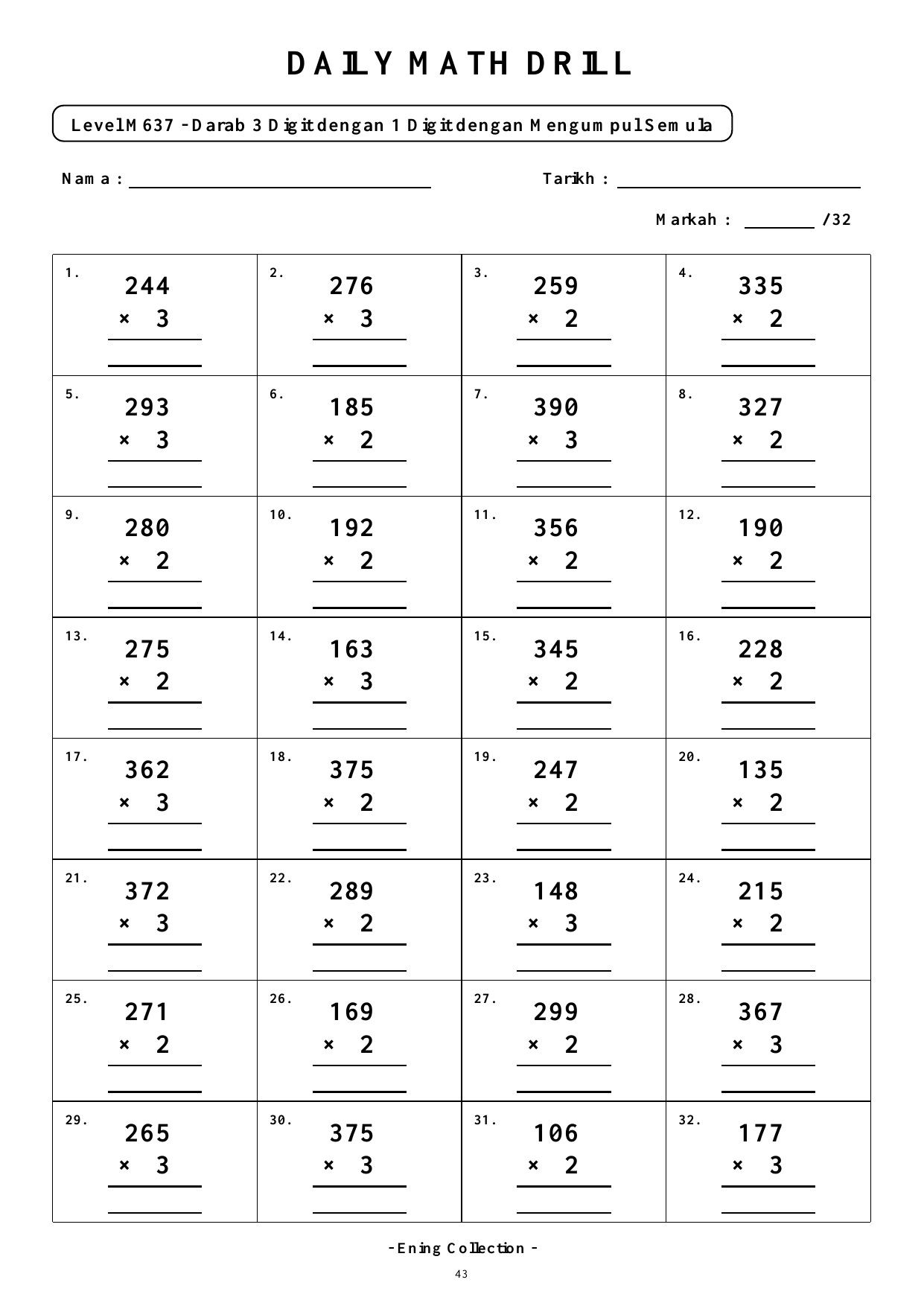 Daily Math Drill – BOOK 26: Darab Nombor 3 Digit Dengan Mengumpul Semula (PDF) - Image 3