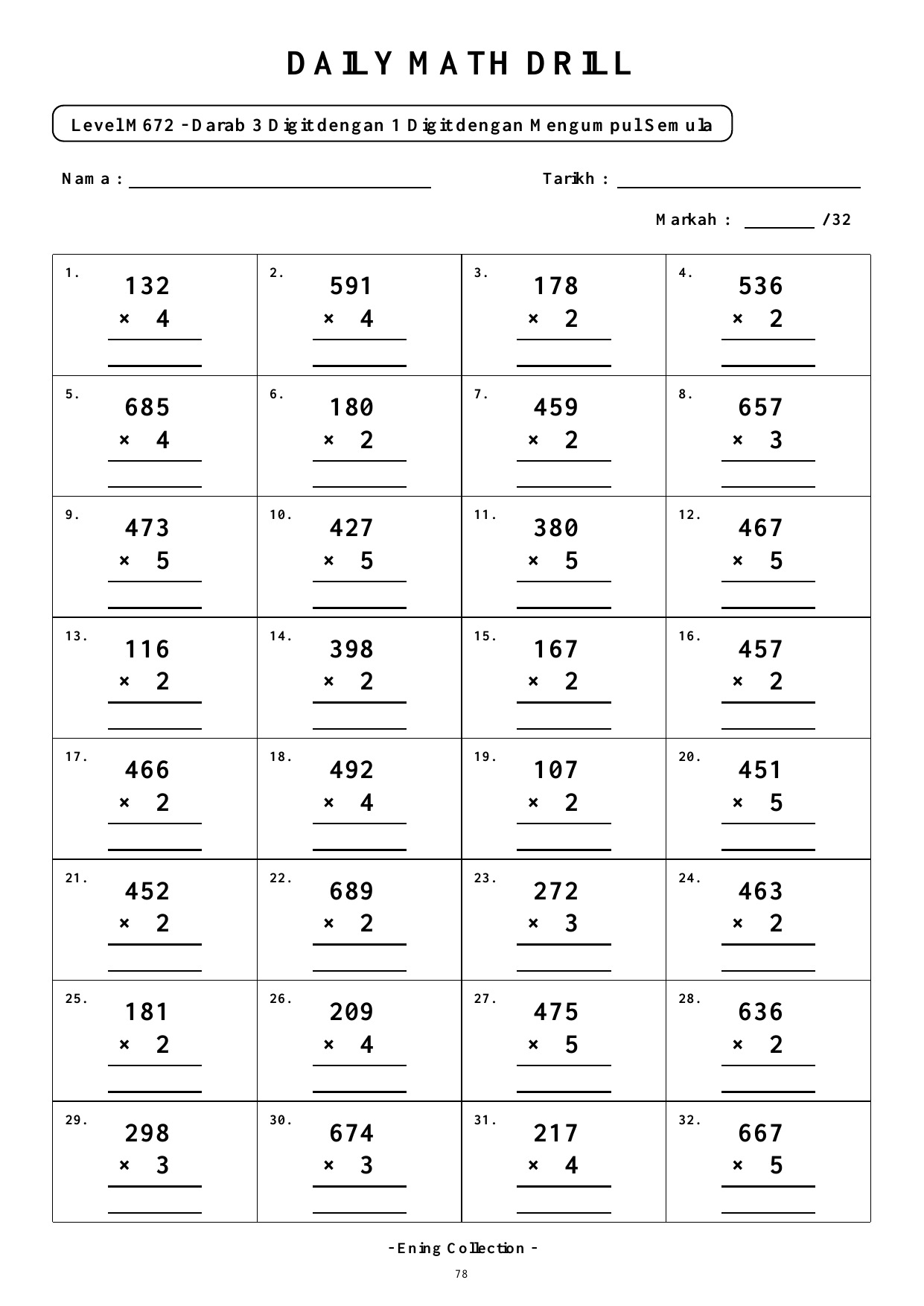 Daily Math Drill – BOOK 26: Darab Nombor 3 Digit Dengan Mengumpul Semula (PDF) - Image 4