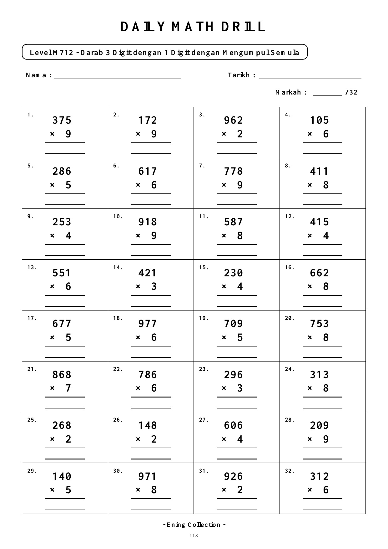 Daily Math Drill – BOOK 26: Darab Nombor 3 Digit Dengan Mengumpul Semula (PDF) - Image 5