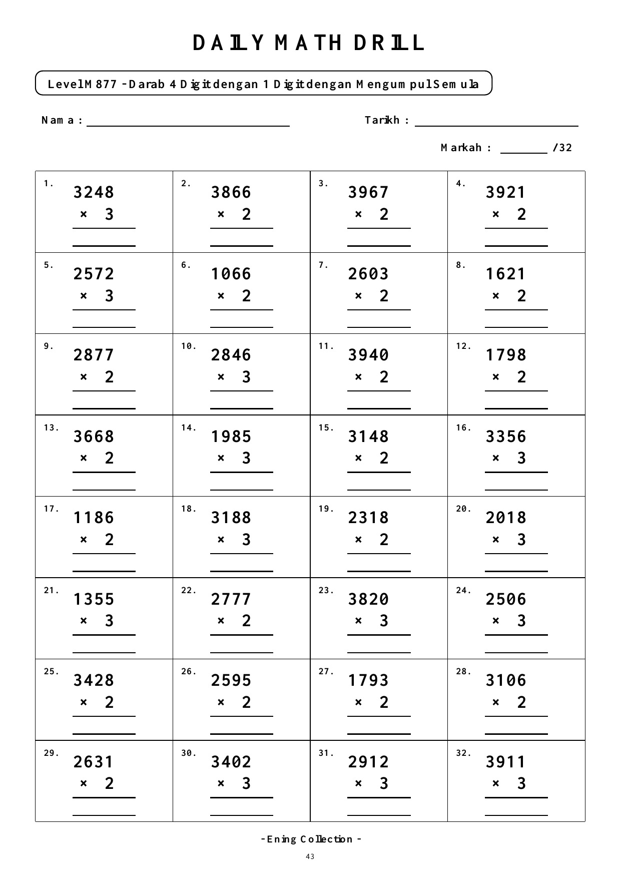Daily Math Drill – BOOK 28: Darab Nombor 4 Digit Dengan Mengumpul Semula (PDF) - Image 3