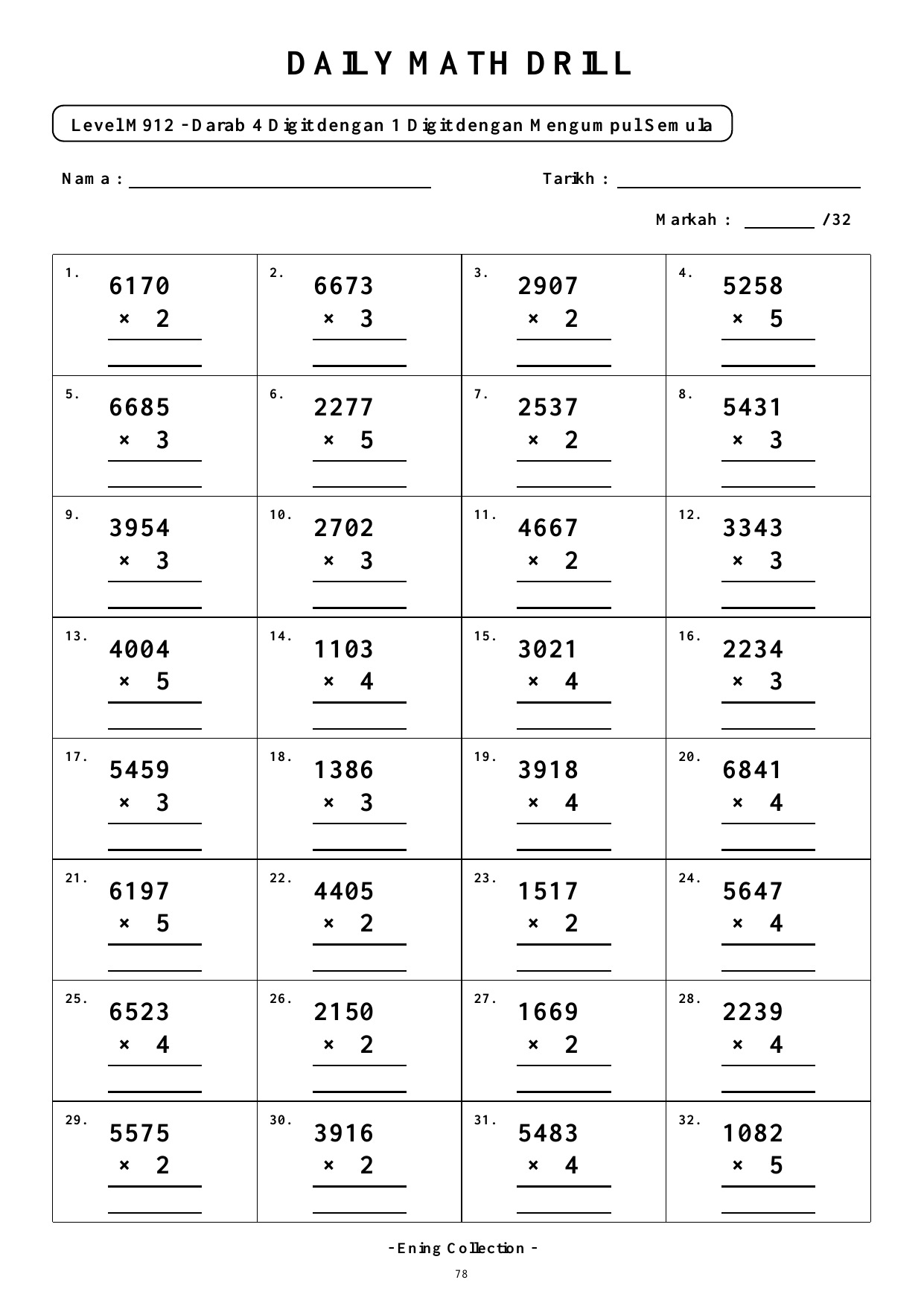 Daily Math Drill – BOOK 28: Darab Nombor 4 Digit Dengan Mengumpul Semula (PDF) - Image 4