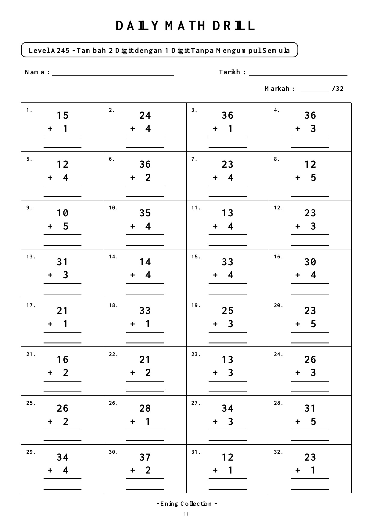 Daily Math Drill – BOOK 3: Tambah Nombor 2 Digit Tanpa Mengumpul Semula (PDF) - Image 4