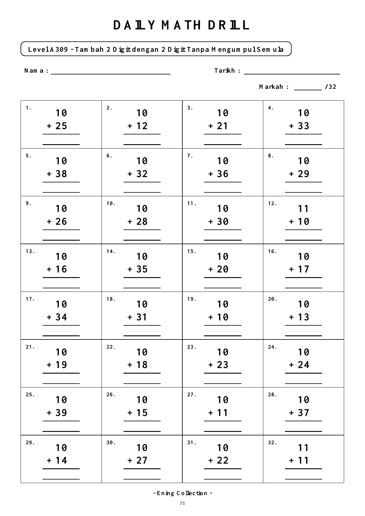 Daily Math Drill – BOOK 3: Tambah Nombor 2 Digit Tanpa Mengumpul Semula (PDF) - Image 6