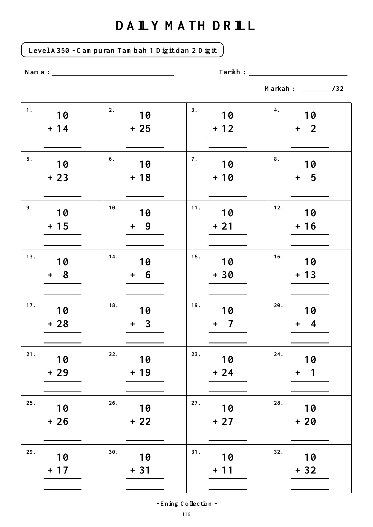 Daily Math Drill – BOOK 3: Tambah Nombor 2 Digit Tanpa Mengumpul Semula (PDF) - Image 7
