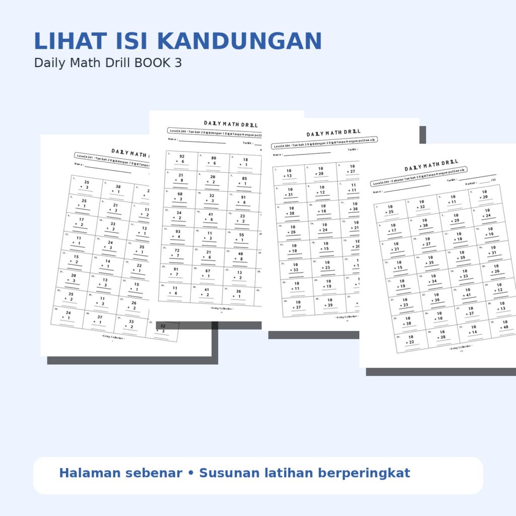 Daily Math Drill – BOOK 3: Tambah Nombor 2 Digit Tanpa Mengumpul Semula (PDF)