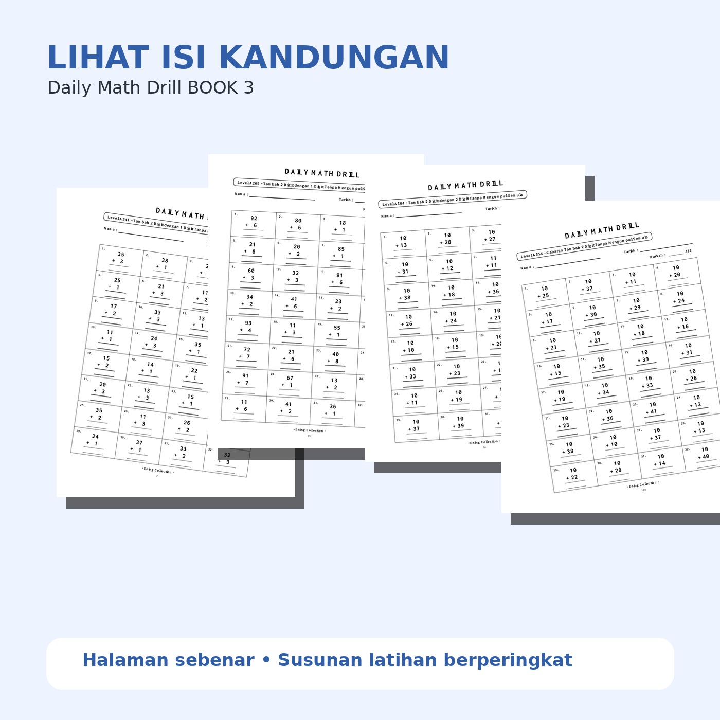 Daily Math Drill – BOOK 3: Tambah Nombor 2 Digit Tanpa Mengumpul Semula (PDF)