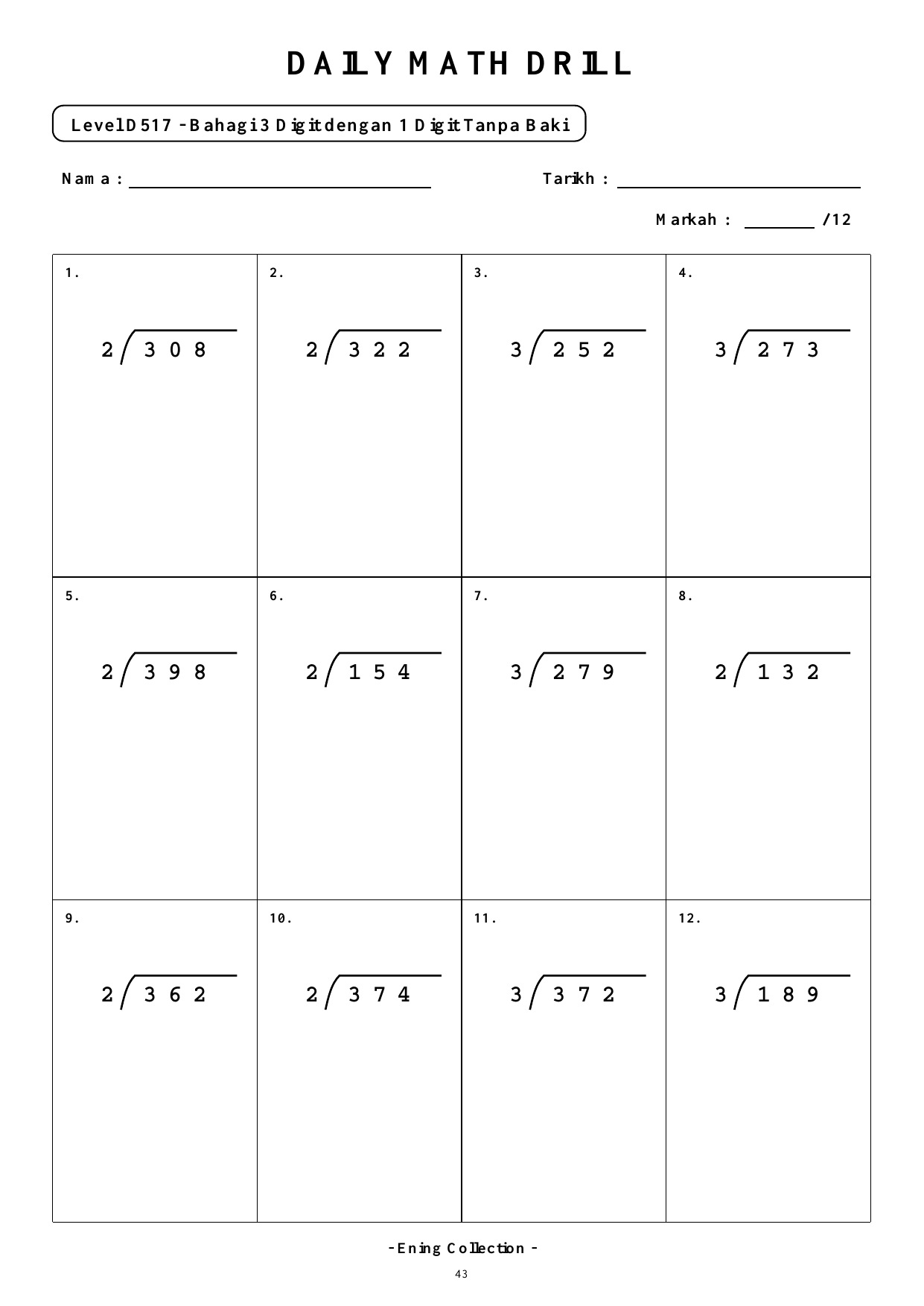 Daily Math Drill – BOOK 35: Bahagi Nombor 3 Digit Tanpa Baki (PDF) - Image 3
