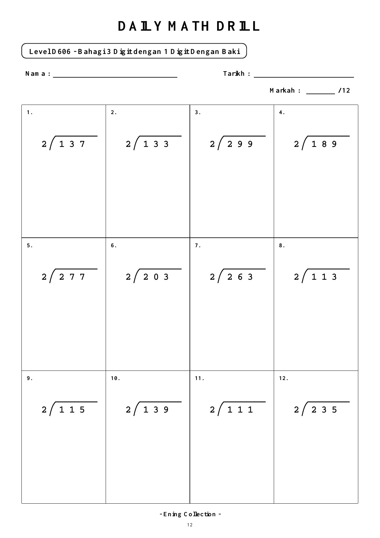Daily Math Drill – BOOK 36: Bahagi Nombor 3 Digit Dengan Baki (PDF) - Image 2