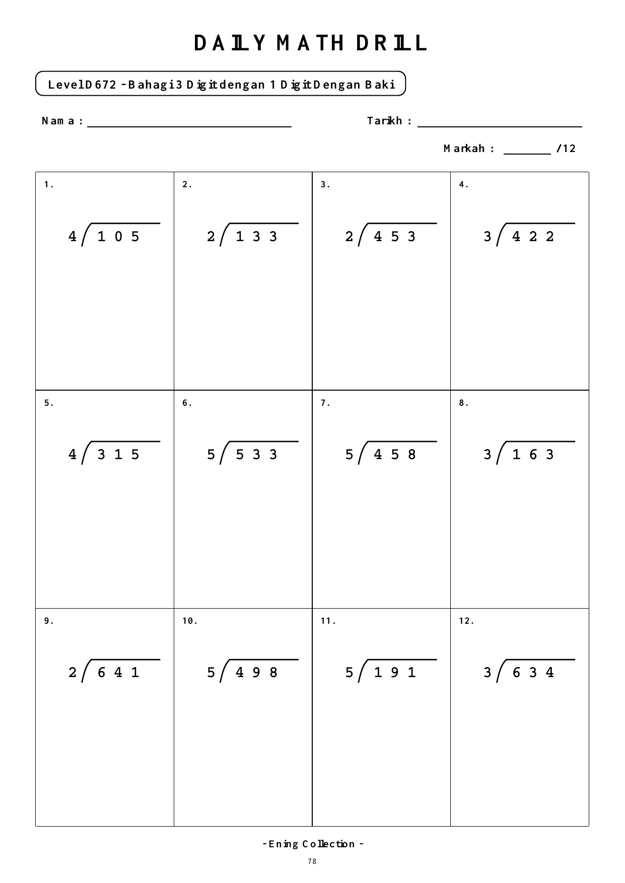 Daily Math Drill – BOOK 36: Bahagi Nombor 3 Digit Dengan Baki (PDF) - Image 4