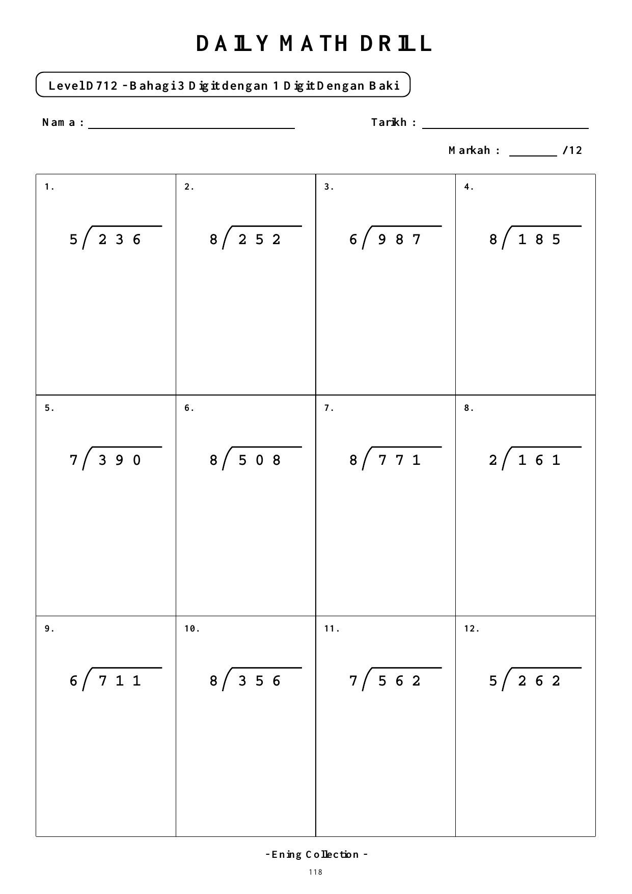Daily Math Drill – BOOK 36: Bahagi Nombor 3 Digit Dengan Baki (PDF) - Image 5