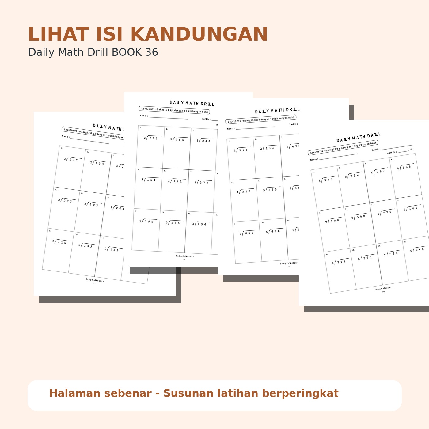 Daily Math Drill – BOOK 36: Bahagi Nombor 3 Digit Dengan Baki (PDF)