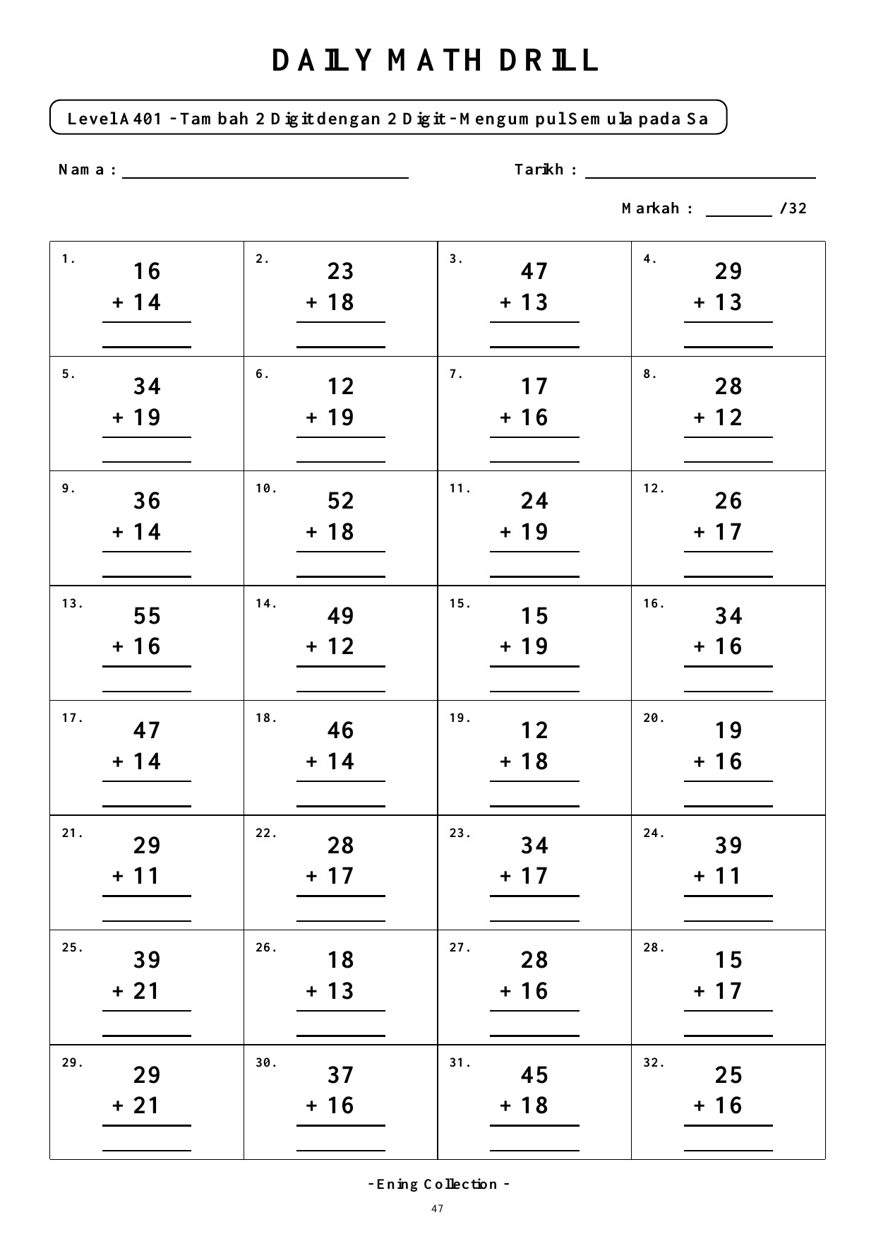Daily Math Drill – BOOK 4: Tambah Nombor 2 Digit dengan Mengumpul Semula (PDF) - Image 5