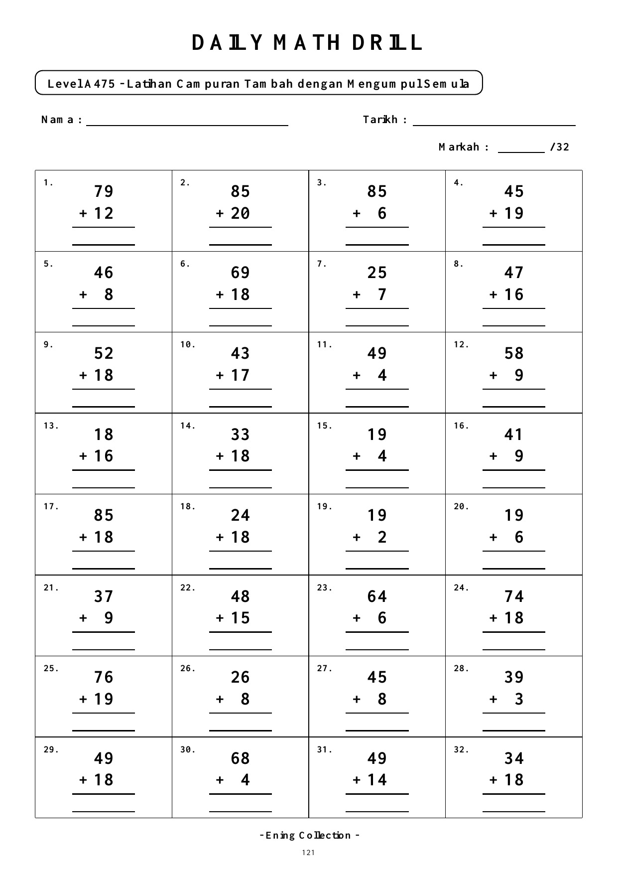 Daily Math Drill – BOOK 4: Tambah Nombor 2 Digit dengan Mengumpul Semula (PDF) - Image 7