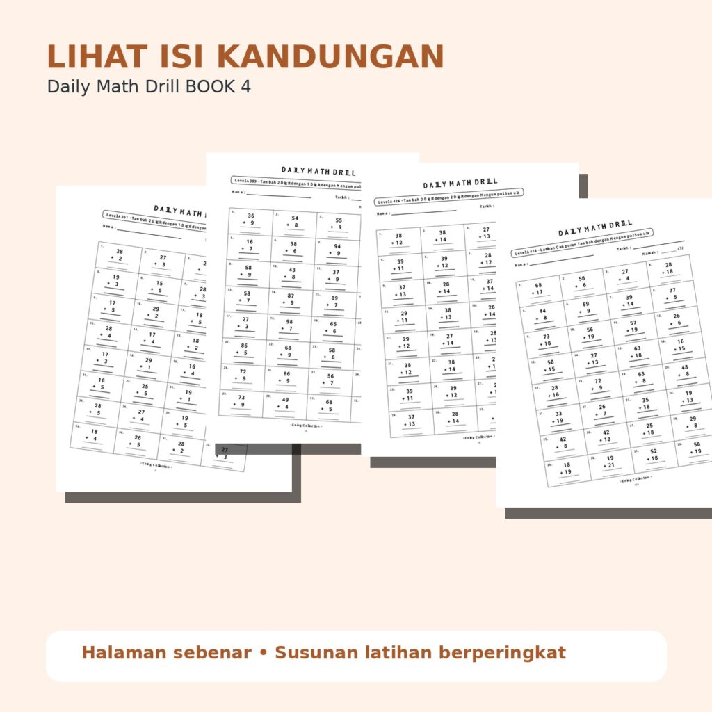 Daily Math Drill – BOOK 4: Tambah Nombor 2 Digit dengan Mengumpul Semula (PDF)