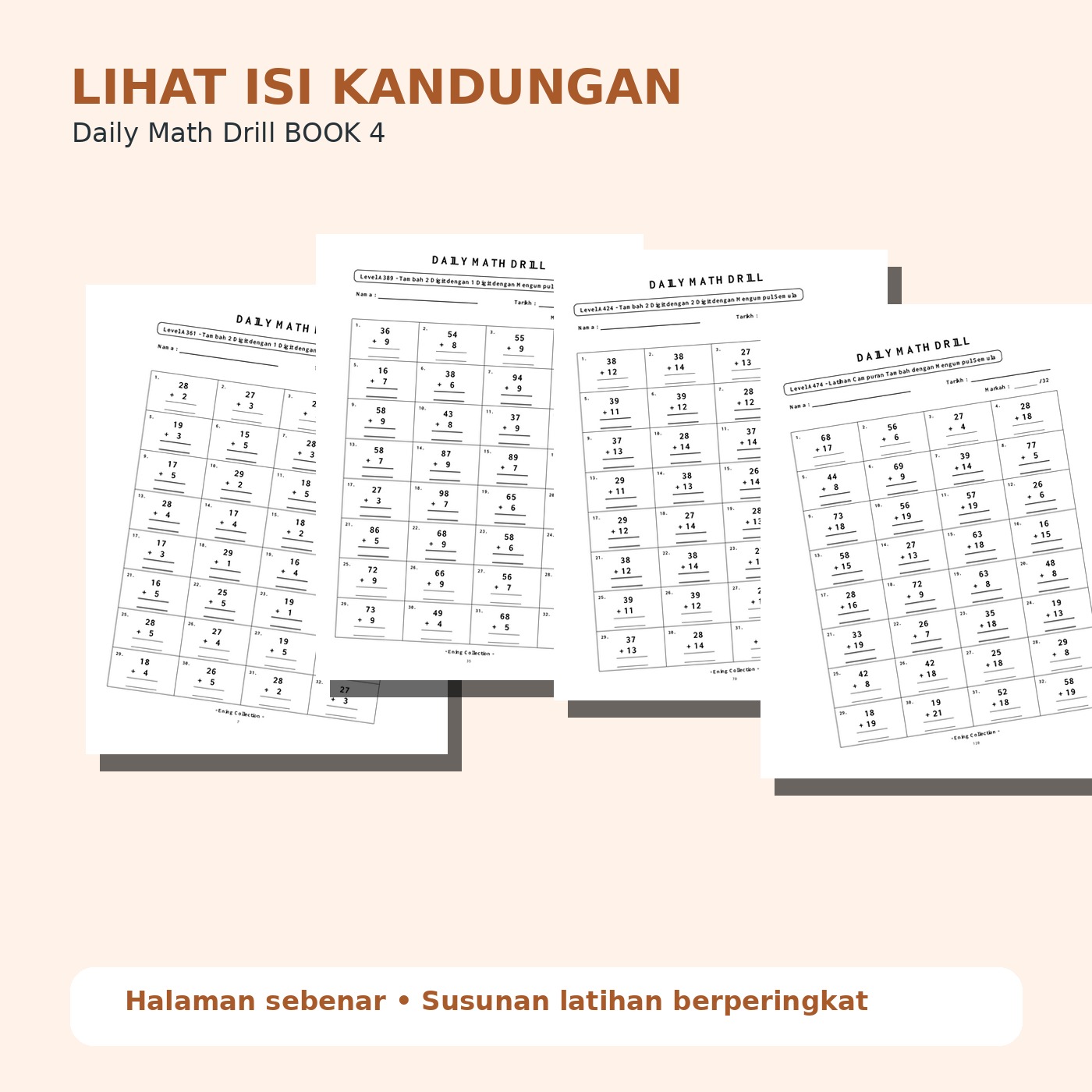 Daily Math Drill – BOOK 4: Tambah Nombor 2 Digit dengan Mengumpul Semula (PDF)