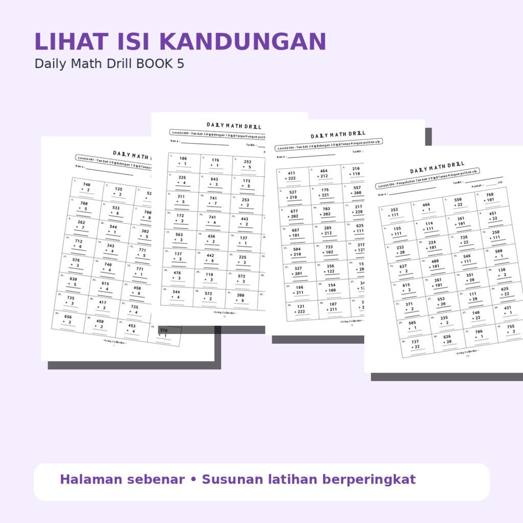 Daily Math Drill – BOOK 5: Tambah Nombor 3 Digit Tanpa Mengumpul Semula (PDF)