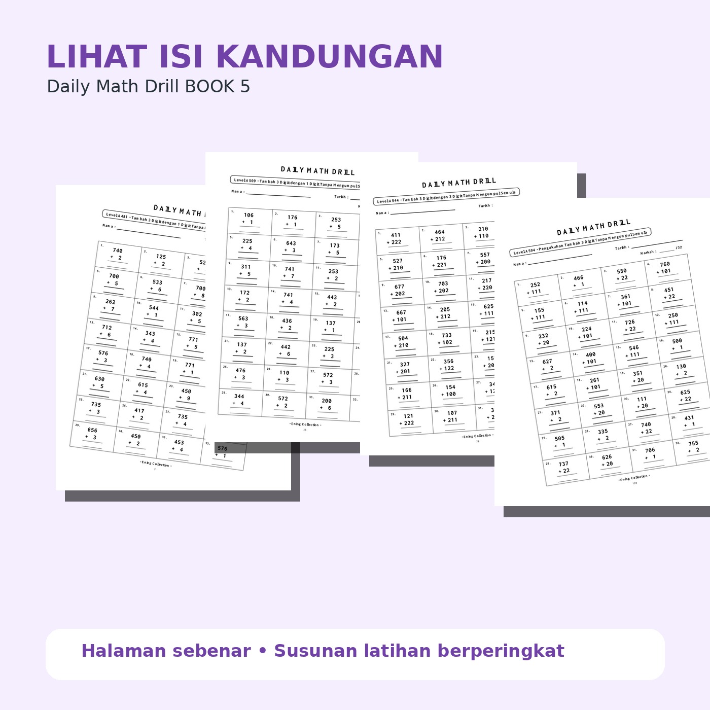 Daily Math Drill – BOOK 5: Tambah Nombor 3 Digit Tanpa Mengumpul Semula (PDF) - Image 2
