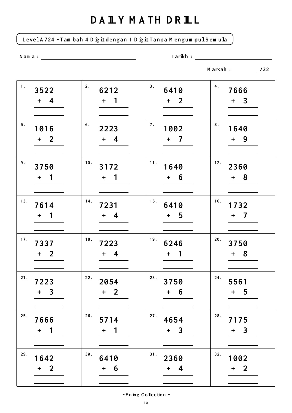 Daily Math Drill – BOOK 7: Tambah Nombor 4 Digit Tanpa Mengumpul Semula (PDF) - Image 4