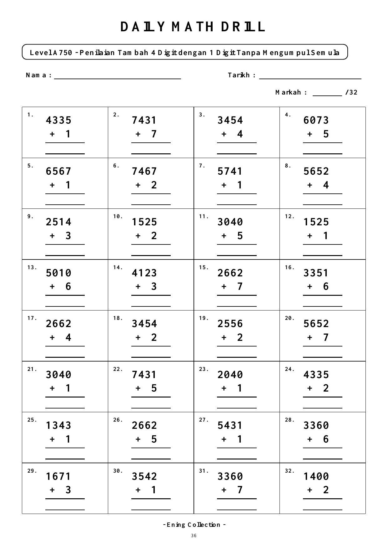 Daily Math Drill – BOOK 7: Tambah Nombor 4 Digit Tanpa Mengumpul Semula (PDF) - Image 5