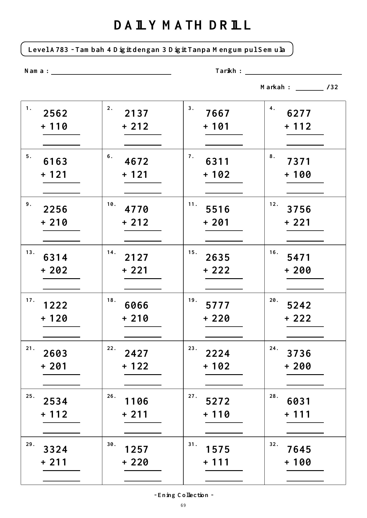 Daily Math Drill – BOOK 7: Tambah Nombor 4 Digit Tanpa Mengumpul Semula (PDF) - Image 6