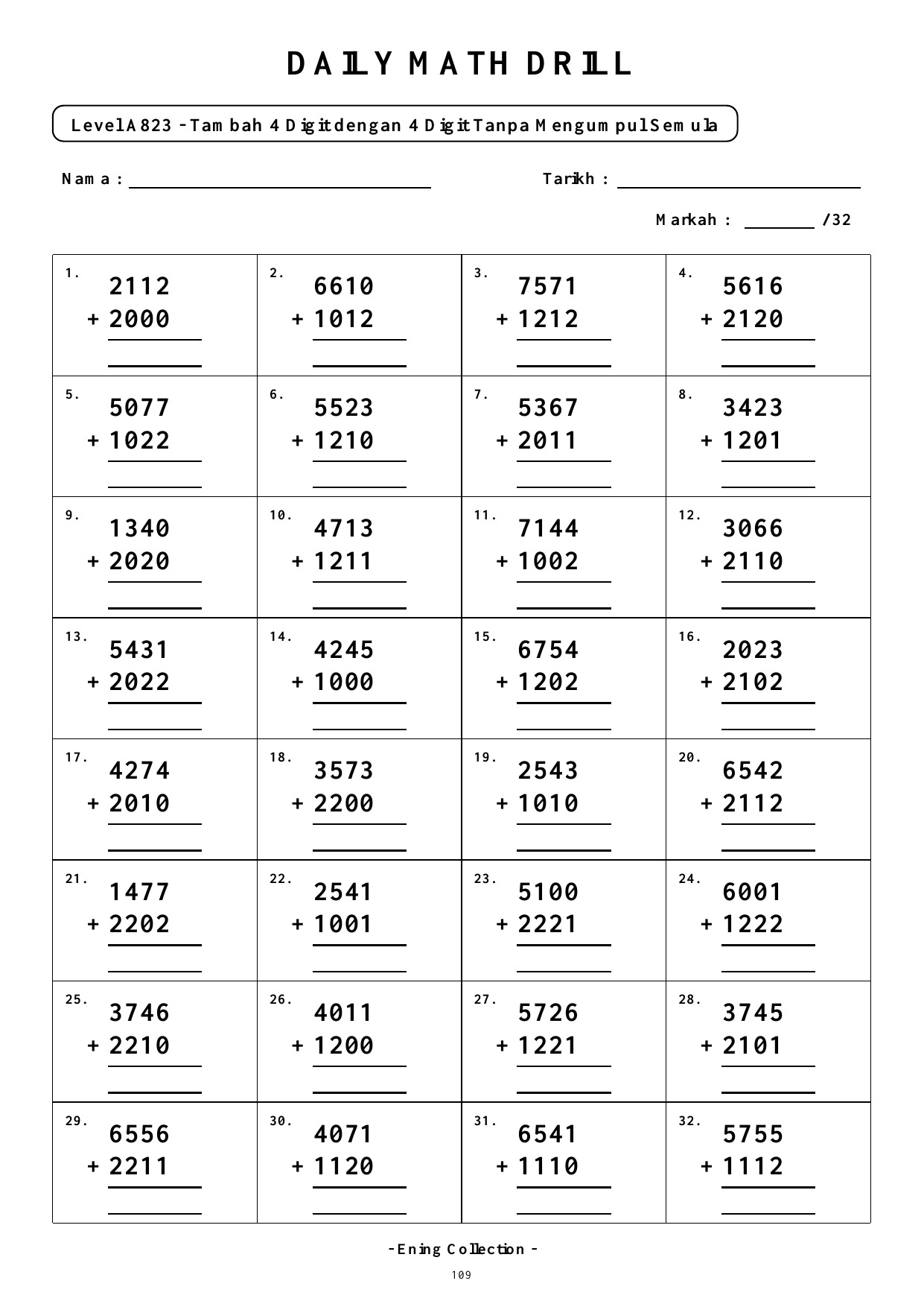 Daily Math Drill – BOOK 7: Tambah Nombor 4 Digit Tanpa Mengumpul Semula (PDF) - Image 7