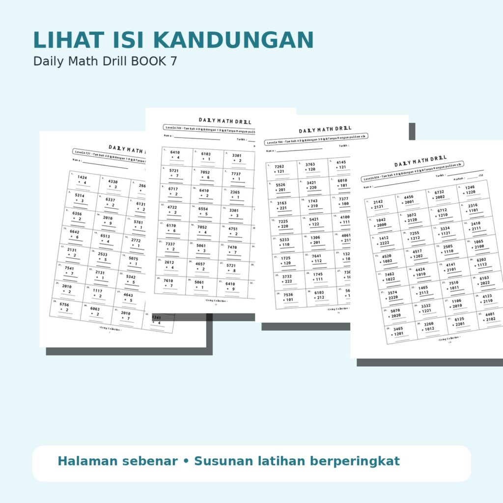 Daily Math Drill – BOOK 7: Tambah Nombor 4 Digit Tanpa Mengumpul Semula (PDF)