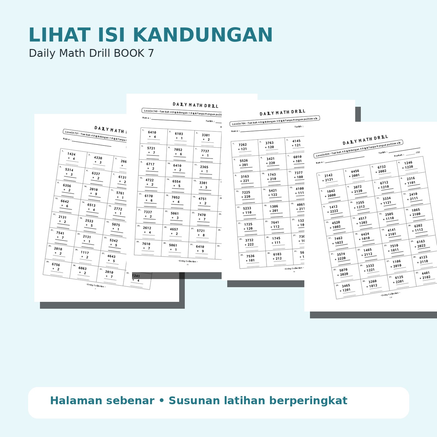 Daily Math Drill – BOOK 7: Tambah Nombor 4 Digit Tanpa Mengumpul Semula (PDF)