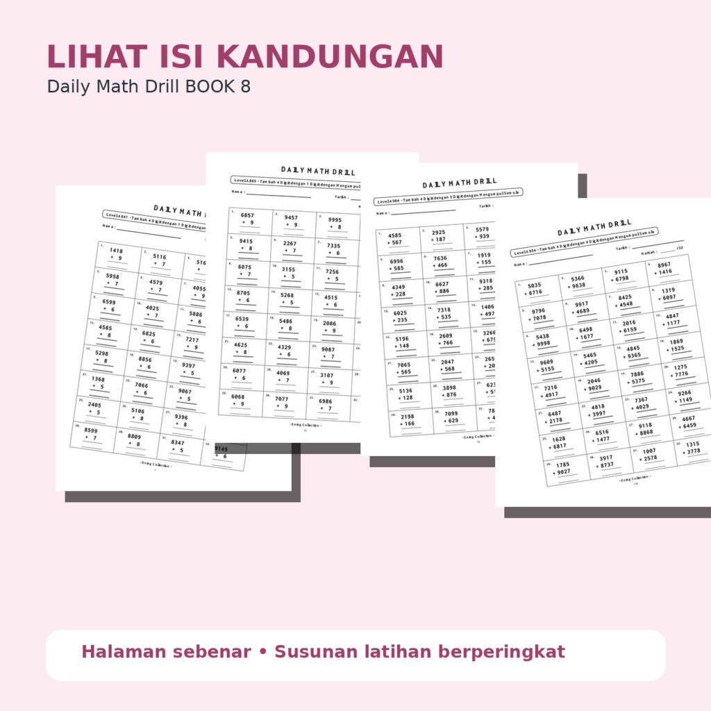 Daily Math Drill – BOOK 8: Tambah Nombor 4 Digit dengan Mengumpul Semula (PDF)